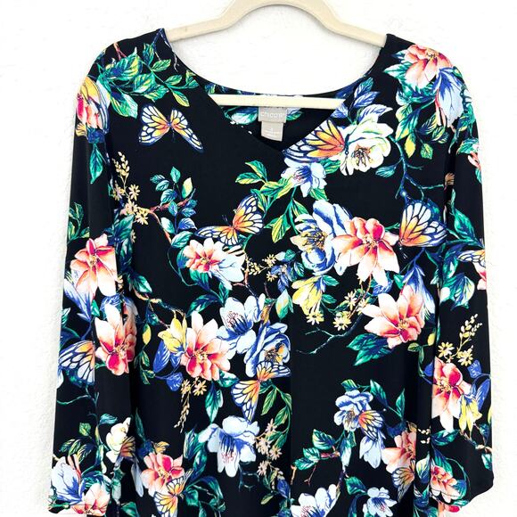 Chico's Women's Floral Butterfly Jersey Midi Dress Black Size 16 / 18 - Picture 3 of 7